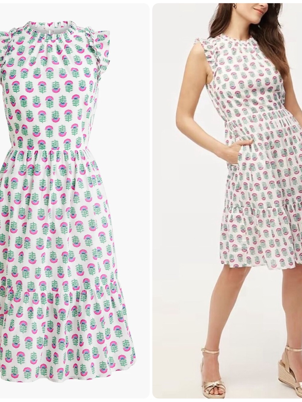 J.Crew Flutter Sleeve Ruffle Block Print Dress White Vivid Pink